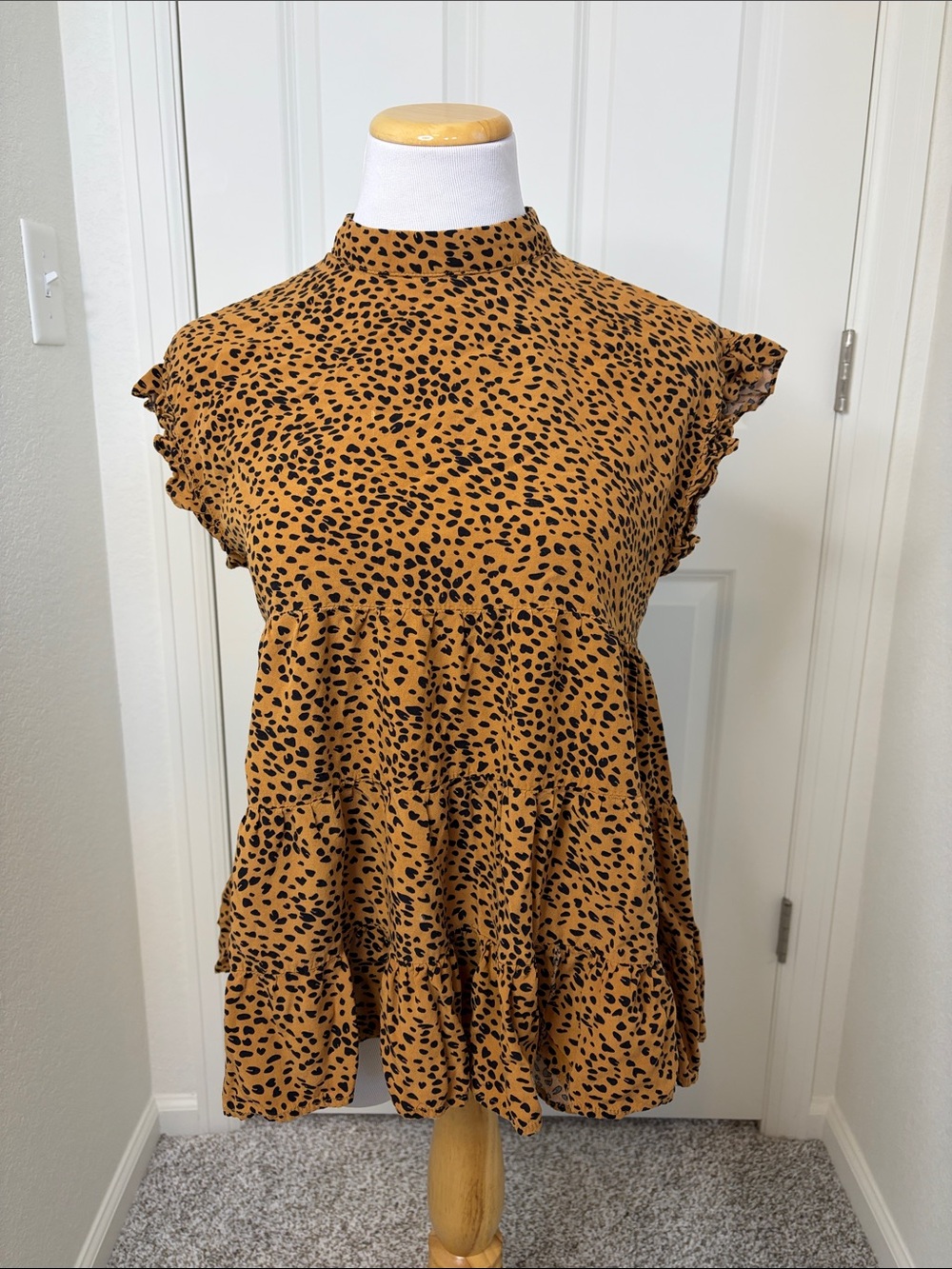 SHEIN Brown Leopard Print Mock Neck Ruffle Sleeve Tunic